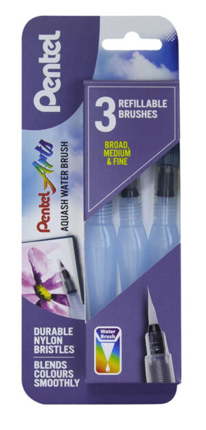 3 Aquash Water Brushes - Flat,Med & Fine Tips